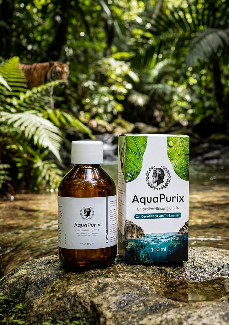 Werbefoto für „AquaPurix Chlordioxidlösung“ in einer Dschungelszenerie. Im Fokus steht das Produkt (100-ml-Braunglasflasche und Verpackung) auf einem moosigen Stein mitten in einem seichten Urwaldfluss. Im unscharfen Hintergrund rasten zwei Wanderer am Ufer; ein Mann trinkt aus einer Feldflasche. Links im dichten Grün der Farne ist dezent ein Tiger zu erkennen. Das Bild vermittelt eine Abenteuer-Atmosphäre und die Anwendung des Produkts in extremer Natur.